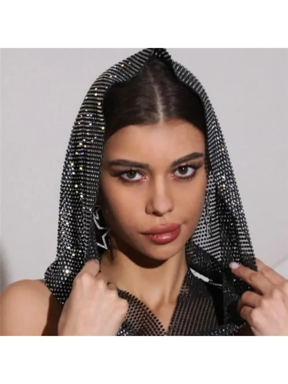 Sparkly Rhinestone Mesh Head Scarf Hood - Crystal Headband for Festival & Party